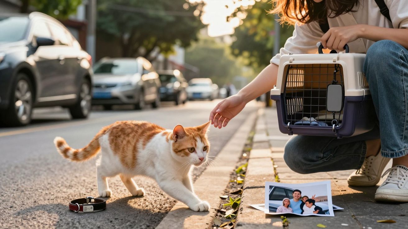 Kot podchodzi do osoby z transporterem, która próbuje go pogłaskać na ulicy.