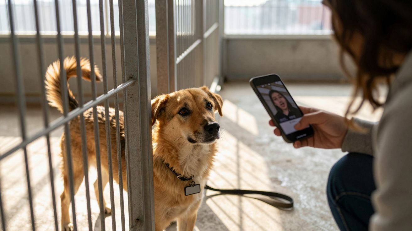 Pies w schronisku za metalowymi kratami, obok osoba robiąca mu zdjęcie telefonem komórkowym.