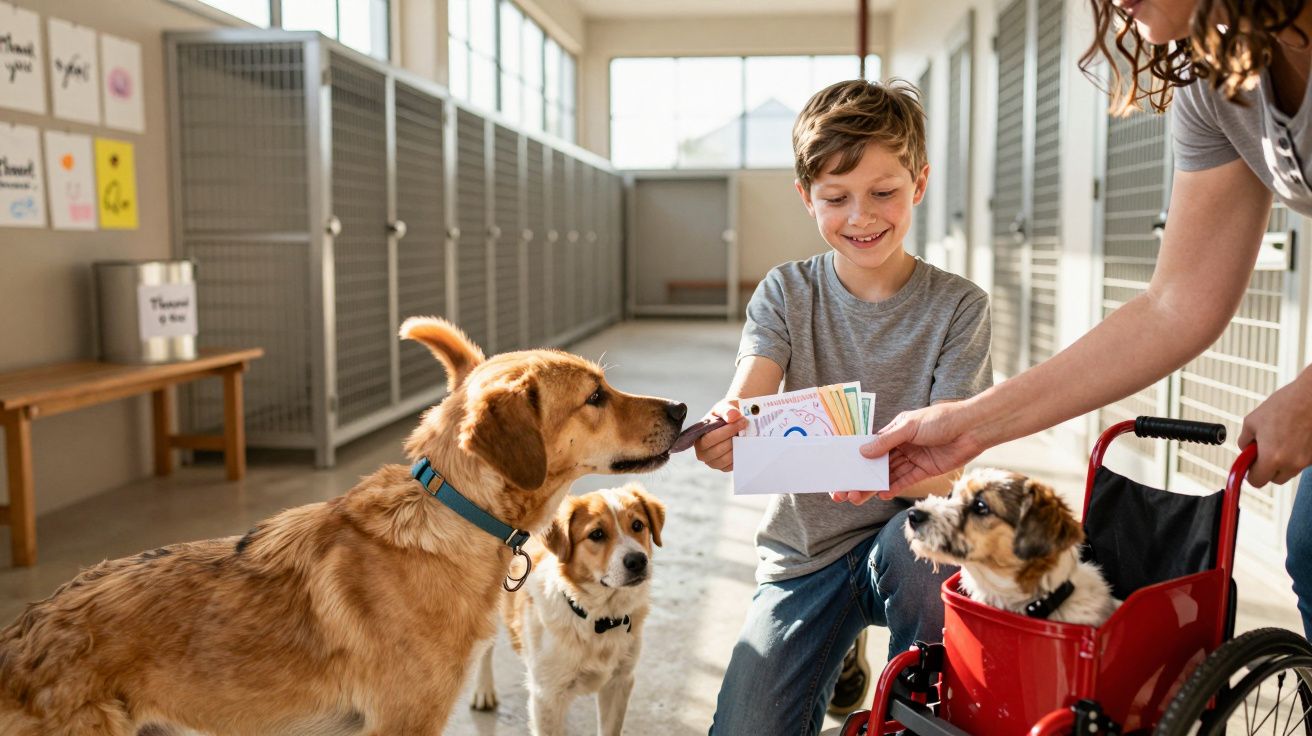 Chłopiec wręcza kartę z rysunkiem trzem psom w schronisku, jeden pies w czerwonym wózku inwalidzkim.