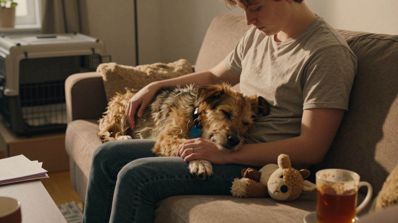 Młoda osoba siedzi na kanapie z psem śpiącym na kolanach w przytulnym salonie.