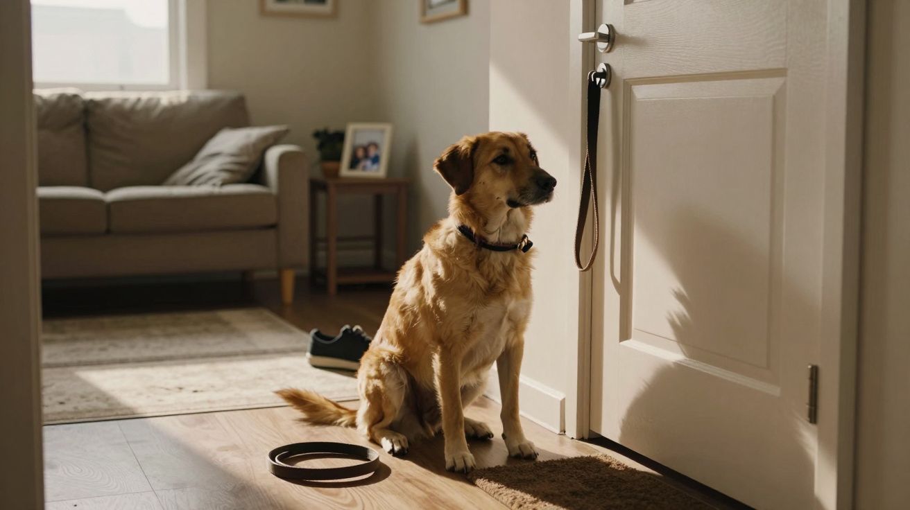 Pies siedzi przy zamkniętych drzwiach w salonie, obok leży jego smycz i obuwie na podłodze.