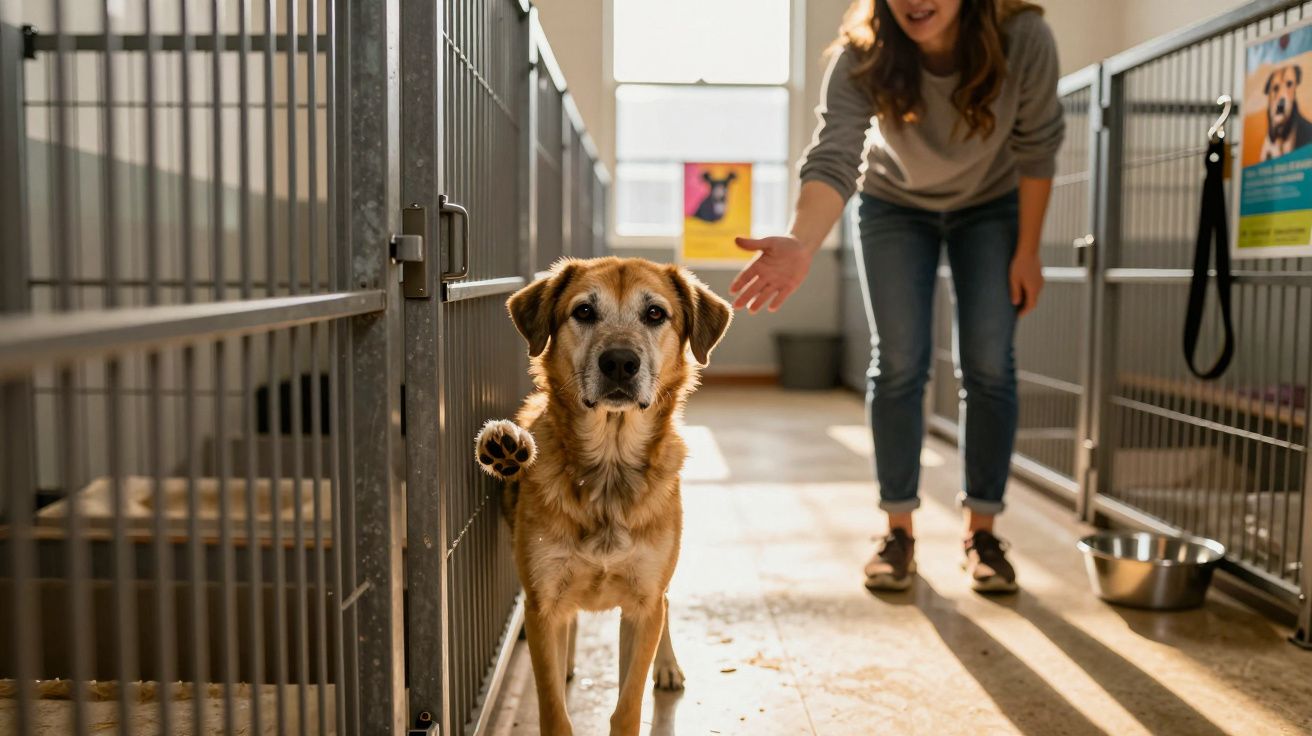 Pies w schronisku podnosi łapę na przyjazną kobietę wyciągającą do niego rękę w klatce.