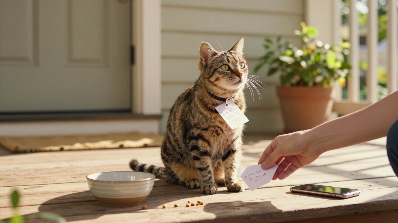 Pręgowany kot z karteczką na szyi siedzi na drewnianym tarasie obok miski, a osoba podaje mu kolejną notatkę.
